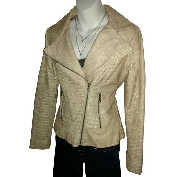 Guess Jacket Motorcycle Moto Embossed Animal Print Faux Leather Tan alt Grunge S - Picture 5 of 13